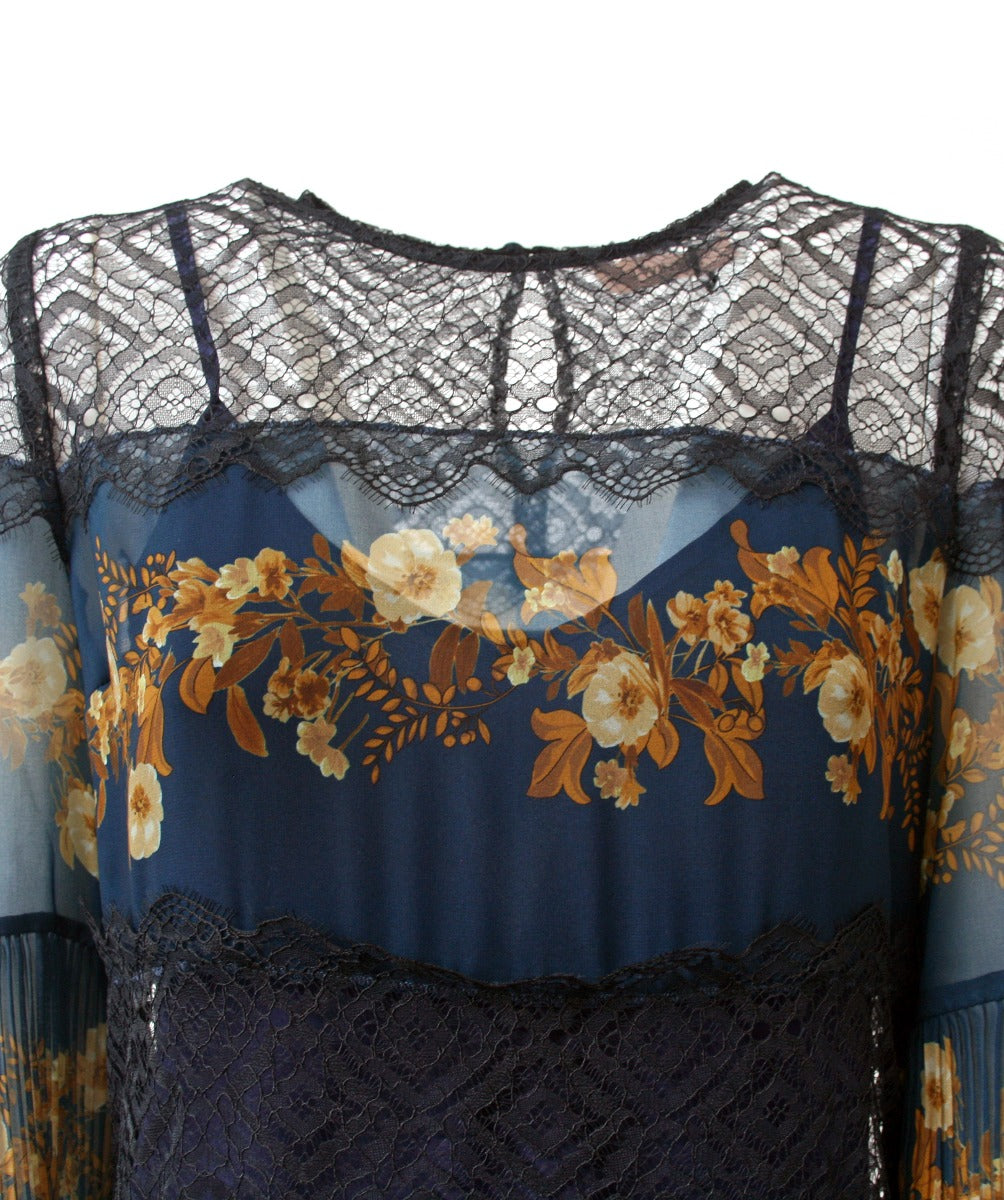 TWINSET Abito Chiffon Petrolio con Stampa a Fiori
