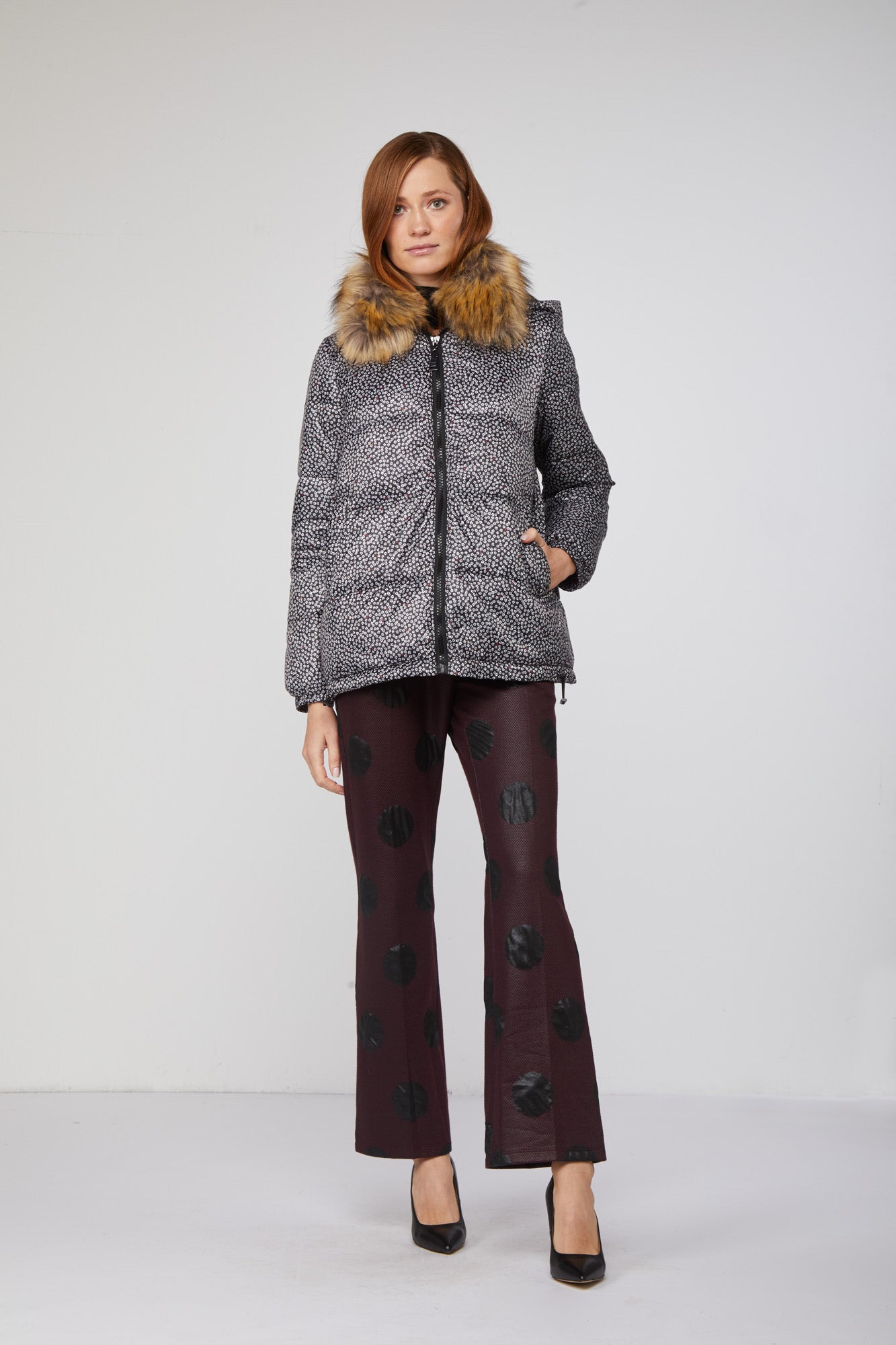 TWINSET Piumino Grigio con Stampa Micro Fiori