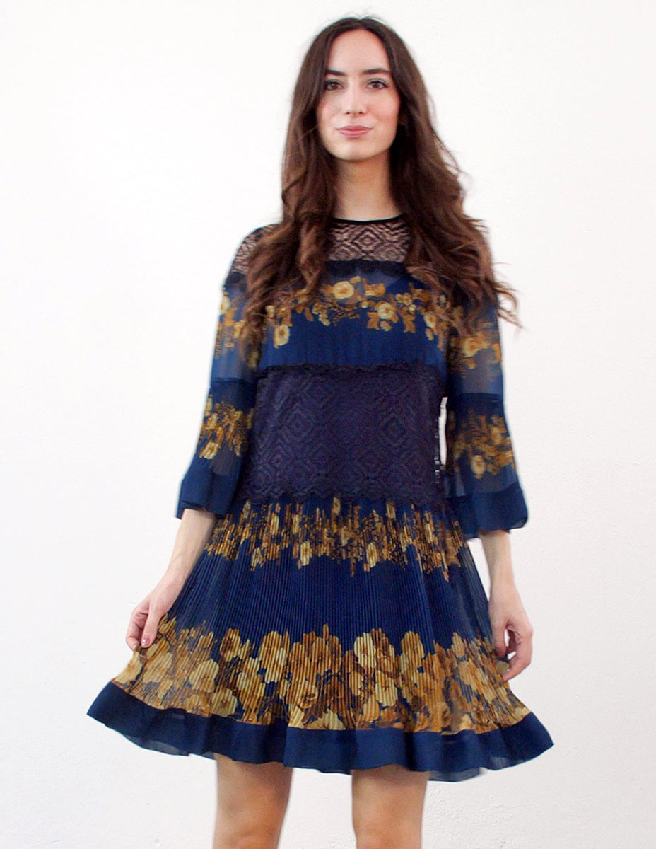 TWINSET Abito Chiffon Petrolio con Stampa a Fiori