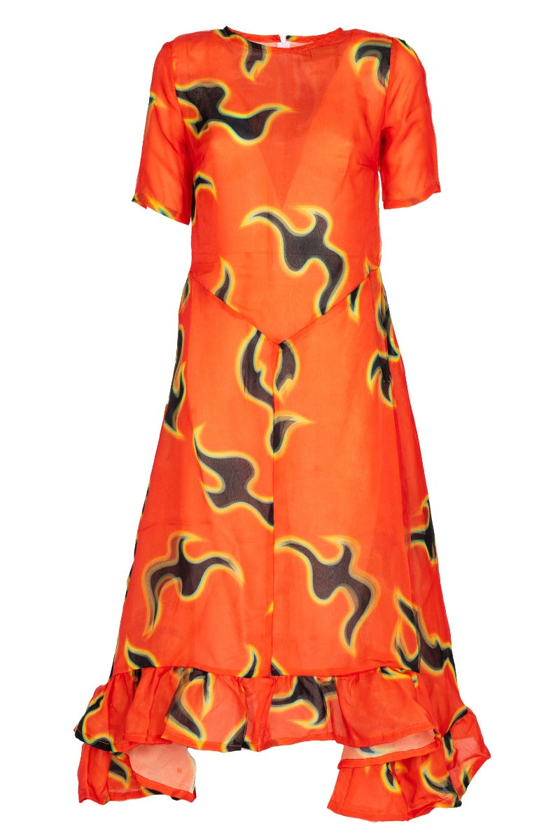 Flame Dress With White Rouches