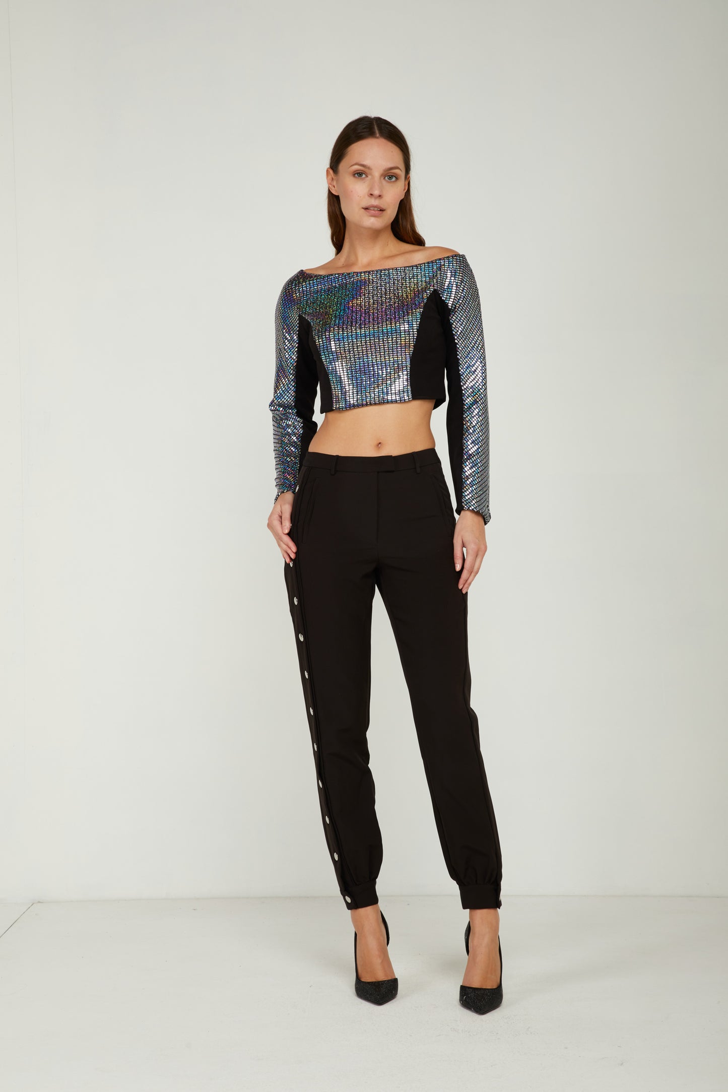 GAELLE Top con Tessuto Glitter Argento