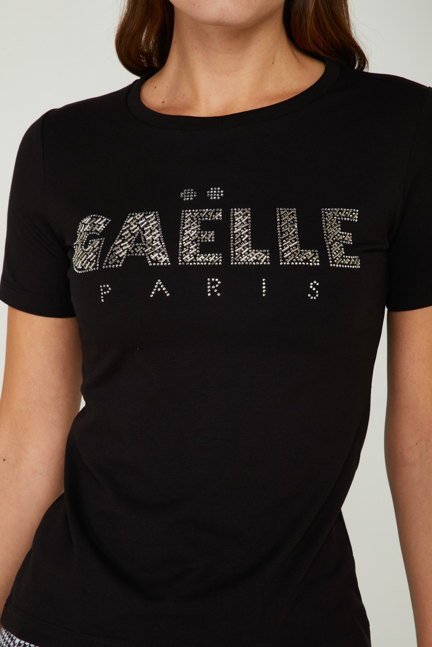 GAELLE T-shirt Nera con Logo Strass