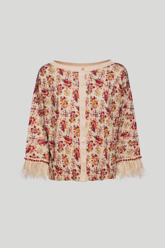 TWINSET Pink Floral and Feathers Cardigan