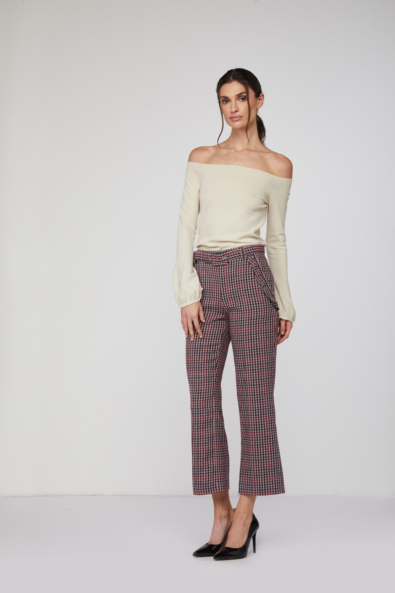 TWINSET Pantaloni Stampa Checked Grigia e Rossa