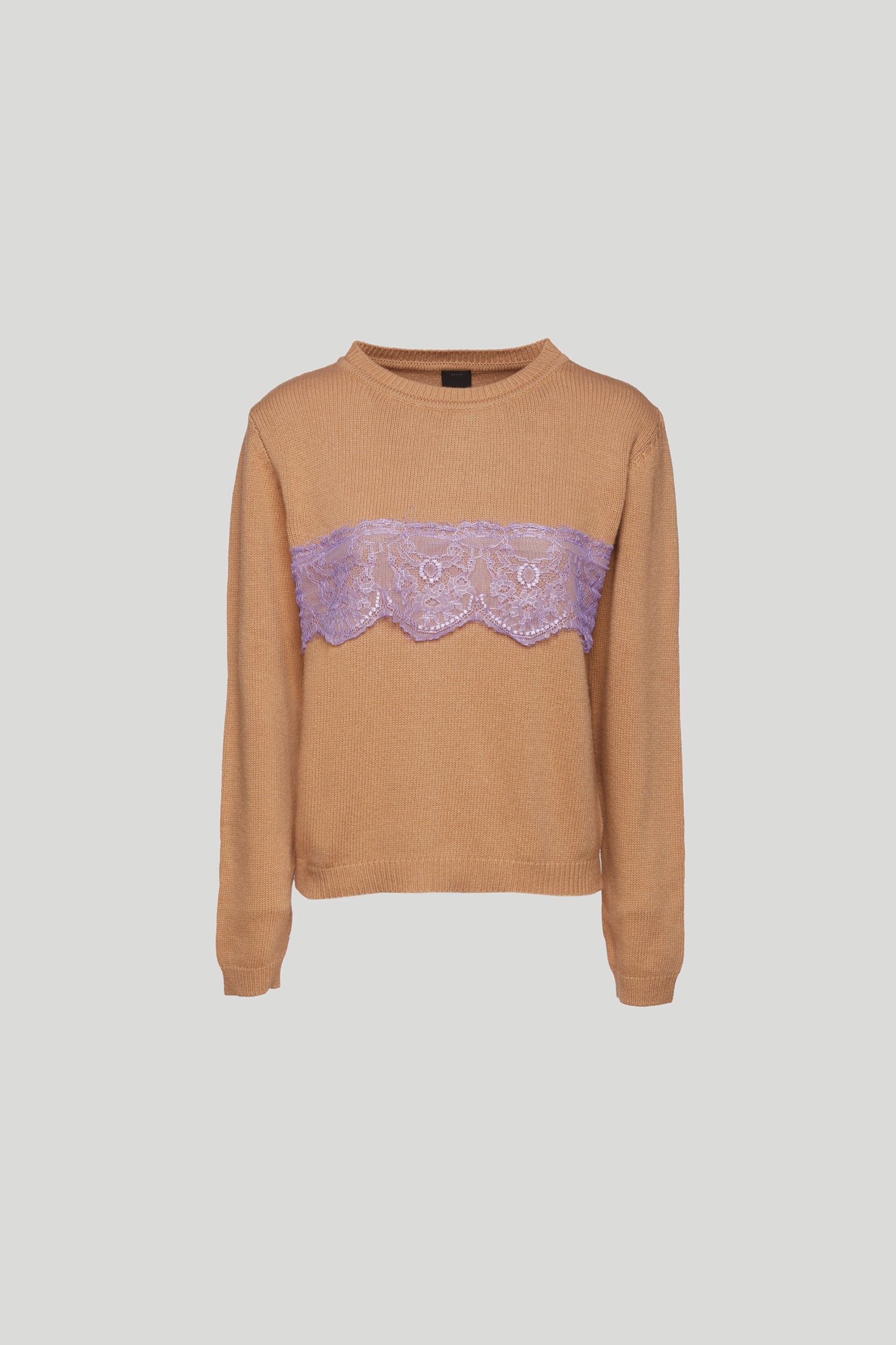 Beige sweater with lilac lace
