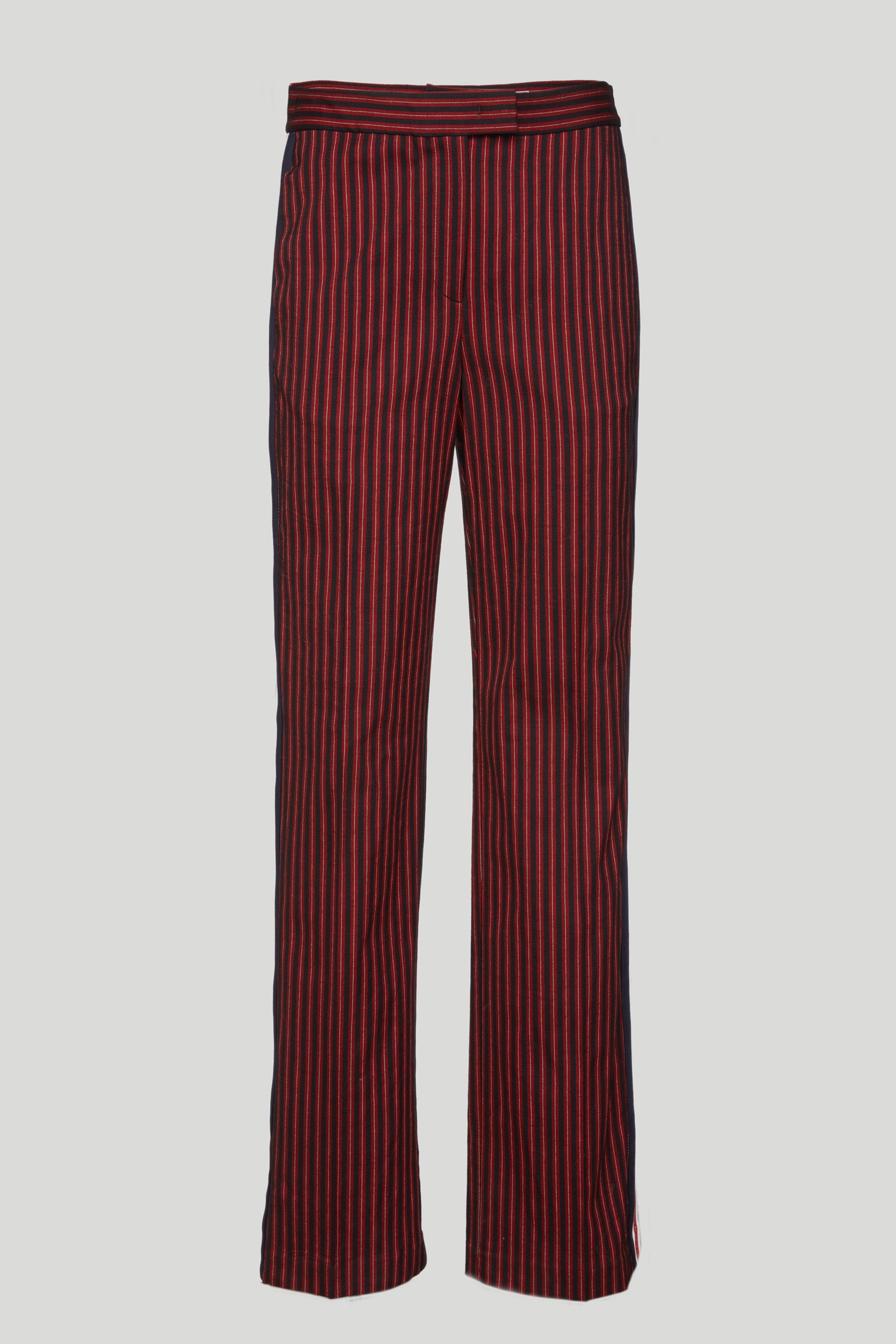 Pinstripe trousers with red stripe
