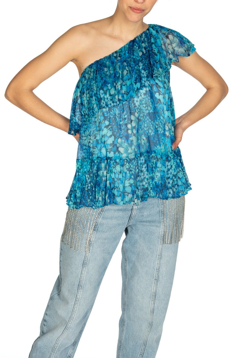 TWINSET Top Monospalla con Fantasia Floreale Azzurra