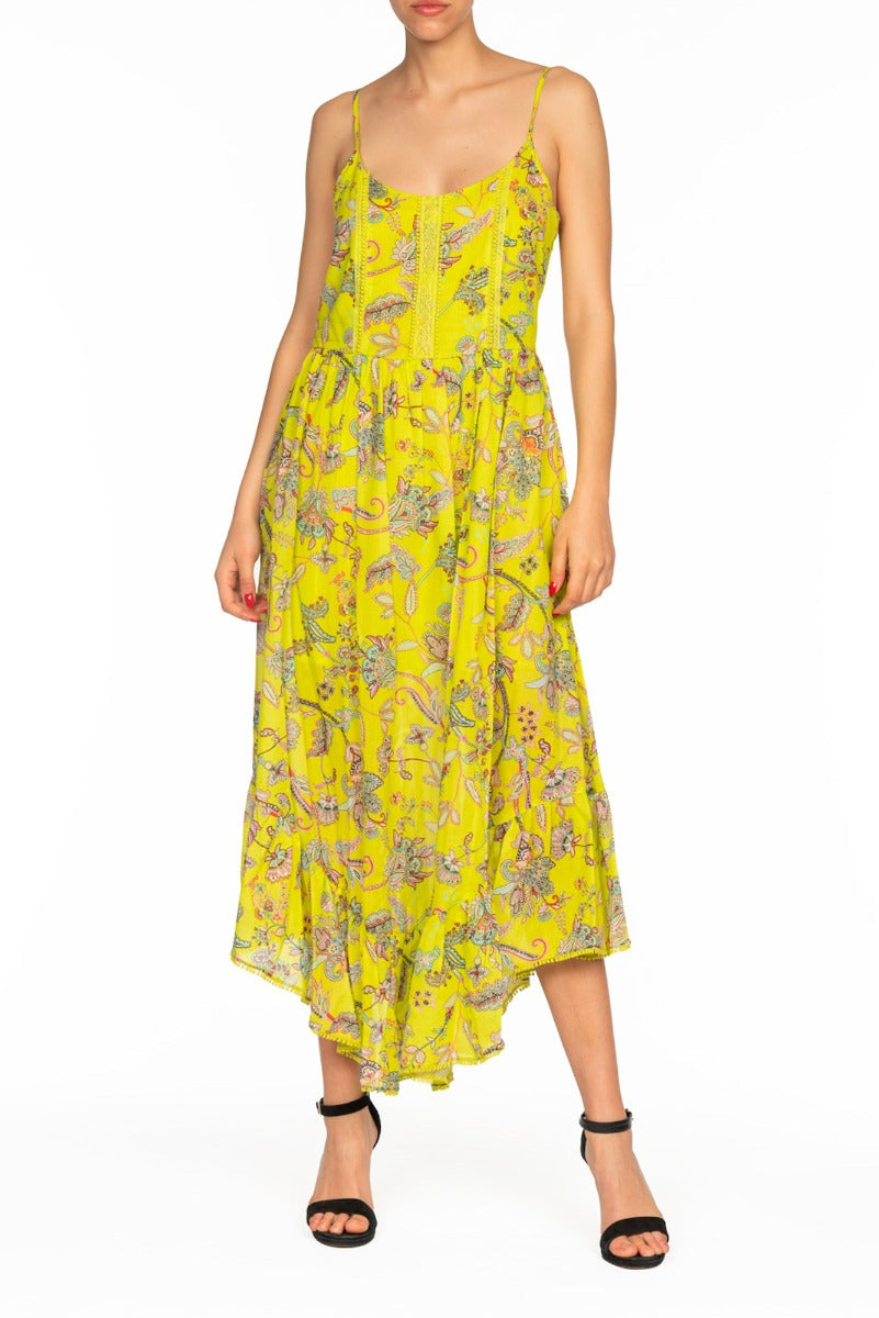 Long yellow dress with Indian flower print.