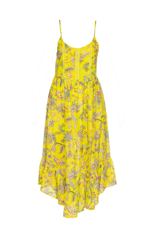 Long yellow dress with Indian flower print.
