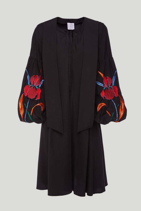 STELLA JEAN Short Black Dress with Embroidery on the Sleeves