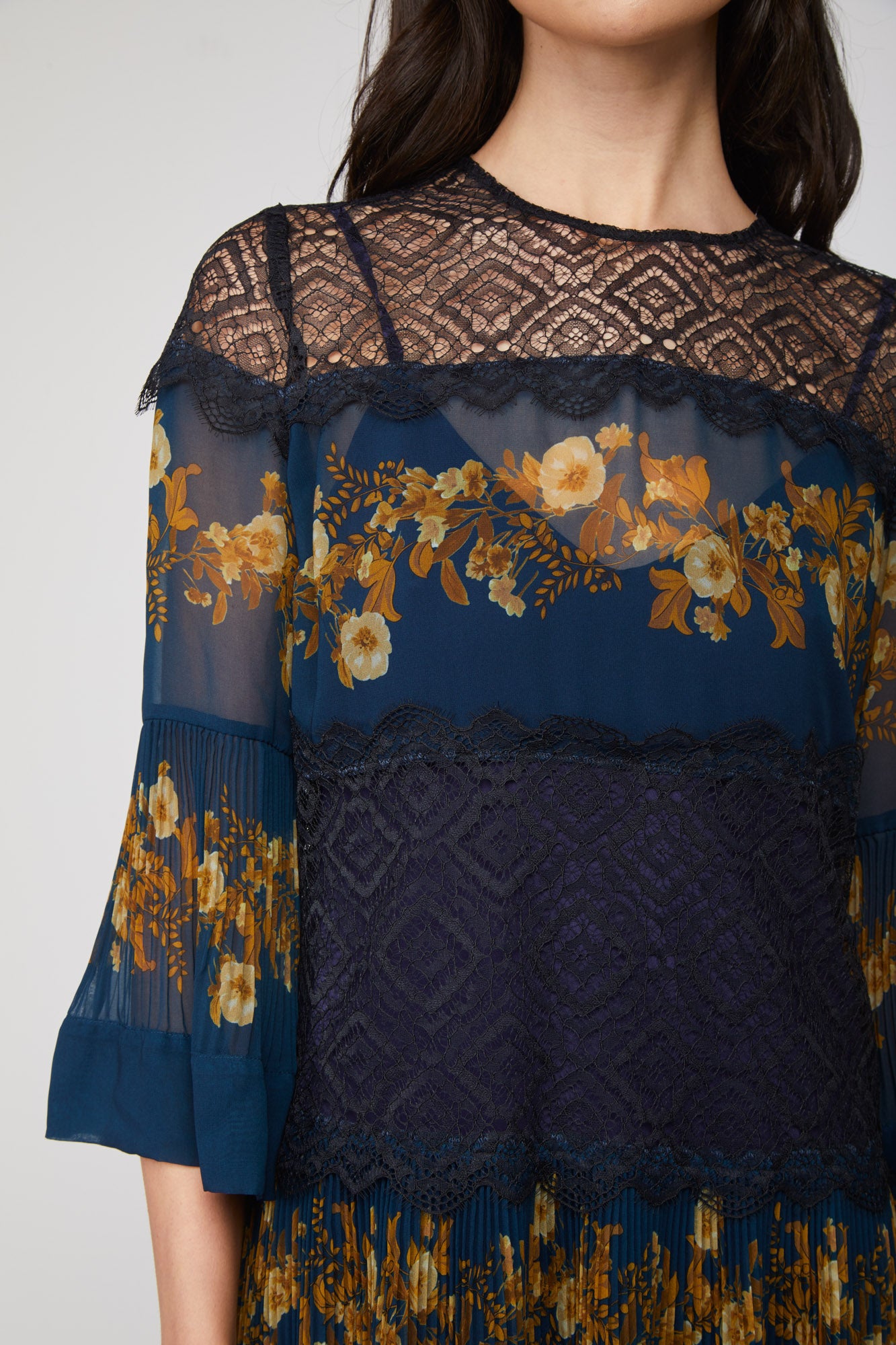 TWINSET Abito Chiffon Petrolio con Stampa a Fiori