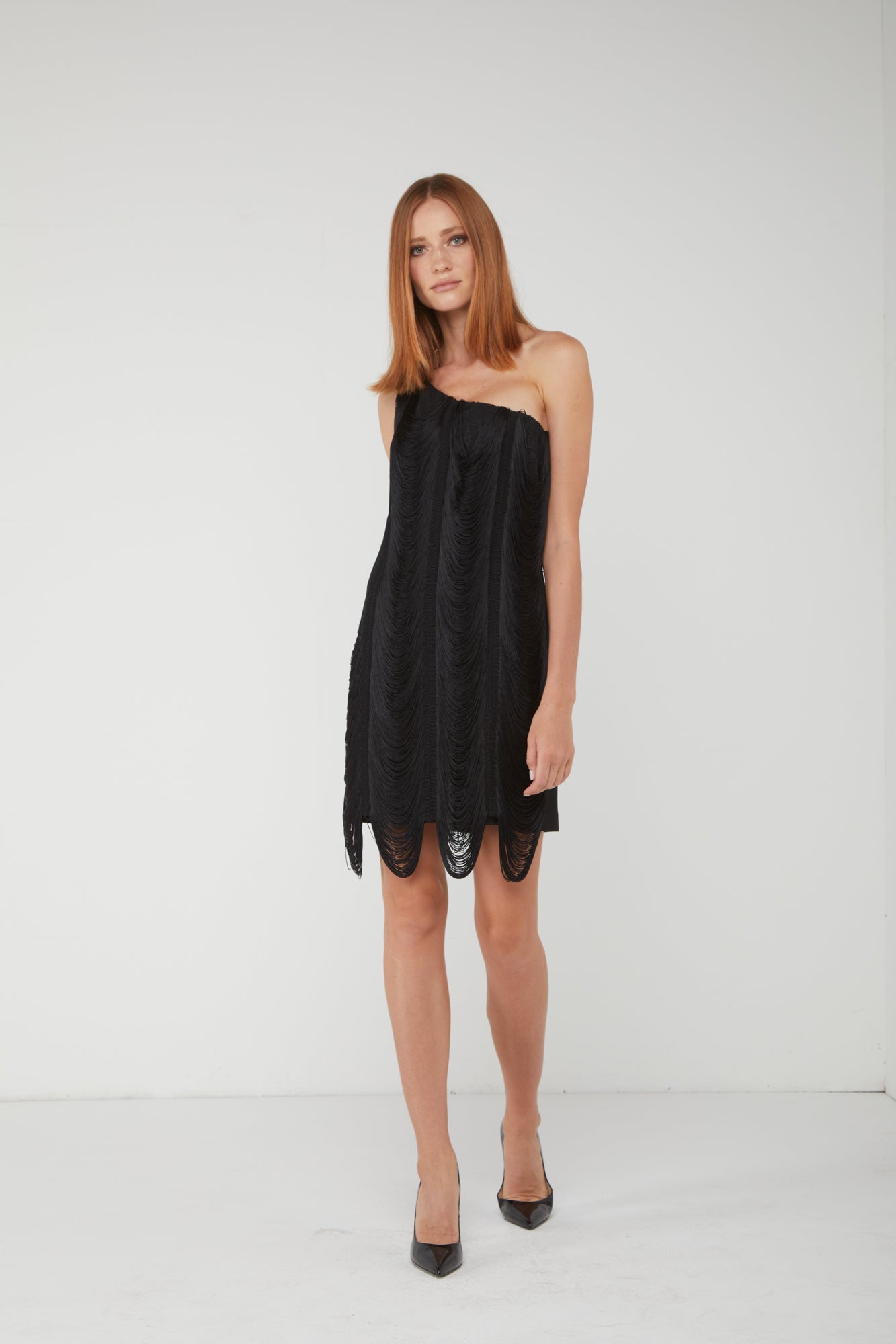 ALESSIA SANTI Abito Monospalla Nero con Frange